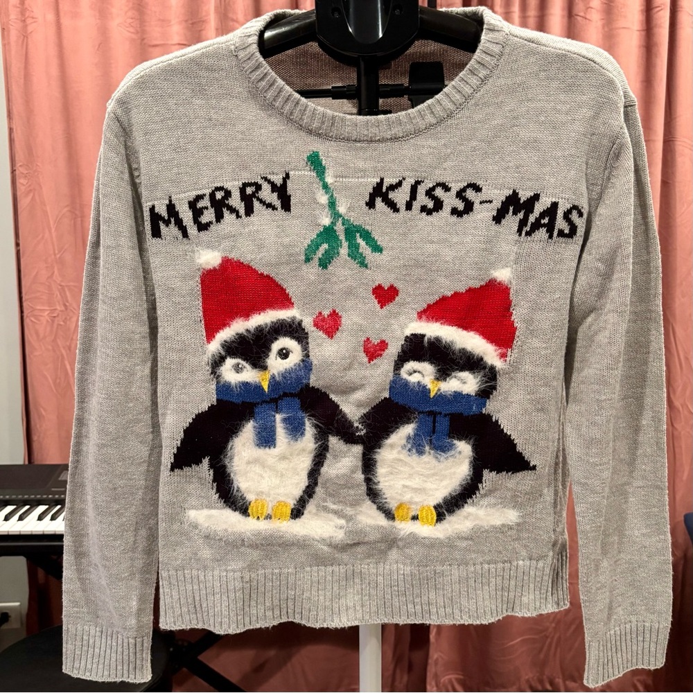 Gray Merry Kiss-Mas Penguin Sweater